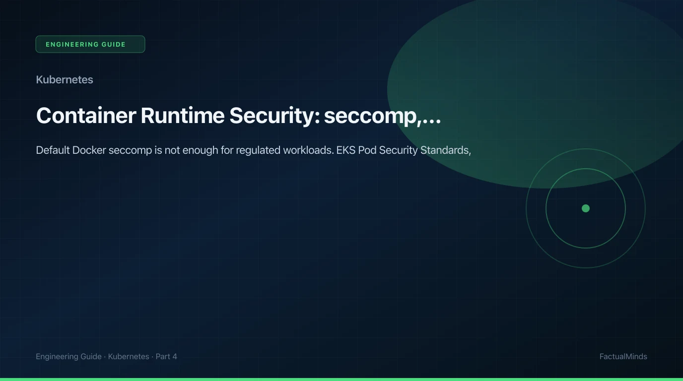 Locked gold container on a navy Kubernetes-style node, with a syscall filter gate in front of the runtime